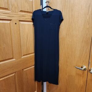 Soma Black V Neck Short Sleeve Maxi Dress Side Slits Pocket Size S